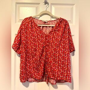 Beachlunchlounge Red Top with Blue Tiny Bird Pattern Women's Top Size XL